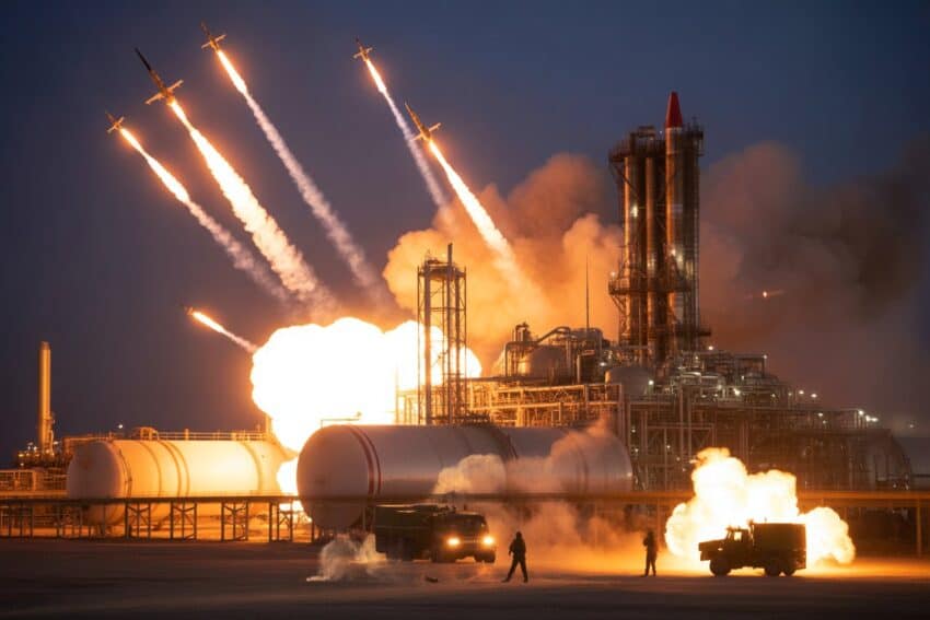 Rocket launch at night with flames and smoke from industrial site.