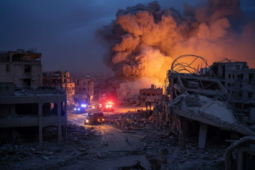 Explosion in a city with smoke, destruction, and damaged buildings.