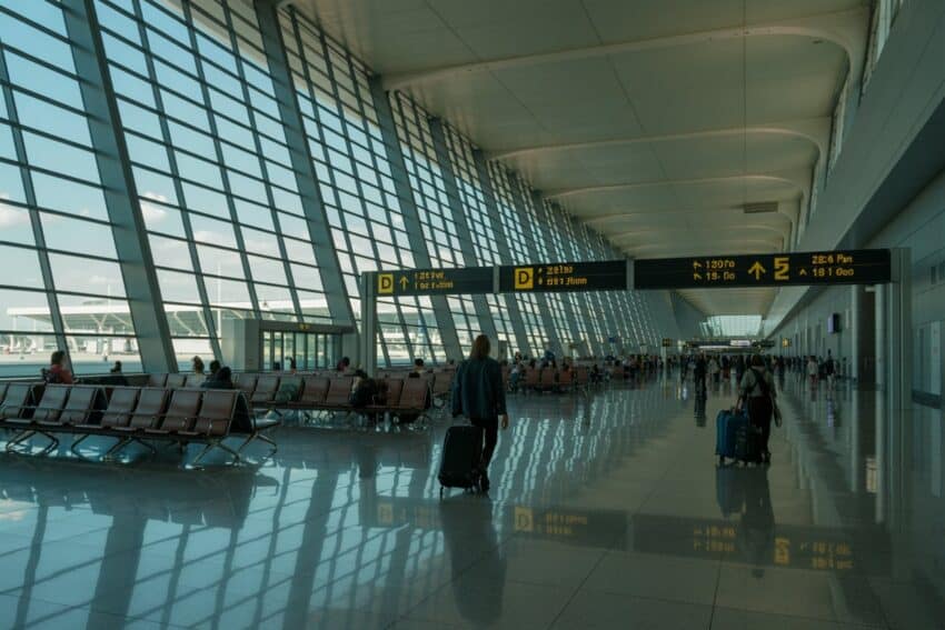 Passengers at dubai airport with luggage, flight information boards overhead.