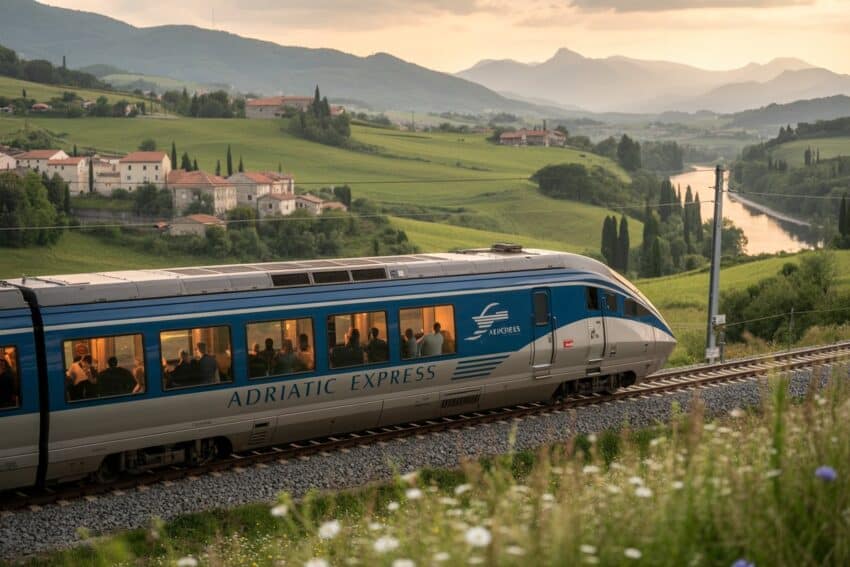 High-speed adriatic express train traveling through scenic countryside with pass.