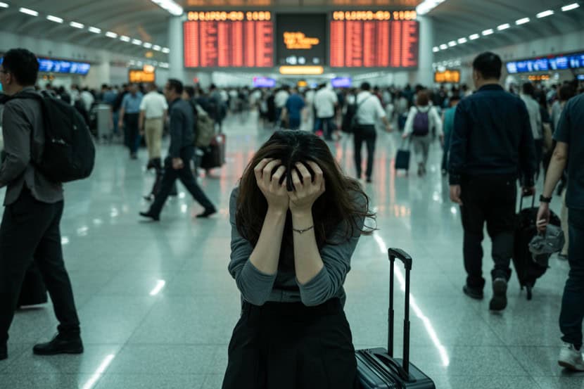 Frustrated traveler with head in hands at busy airport terminal.