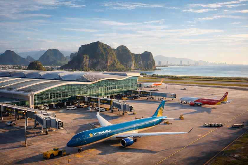 Da nang international airport vietnam skytrax rankings 2026 - travel and tour world Da nang airport with modern terminal and aircraft on tarmac in vietnam.