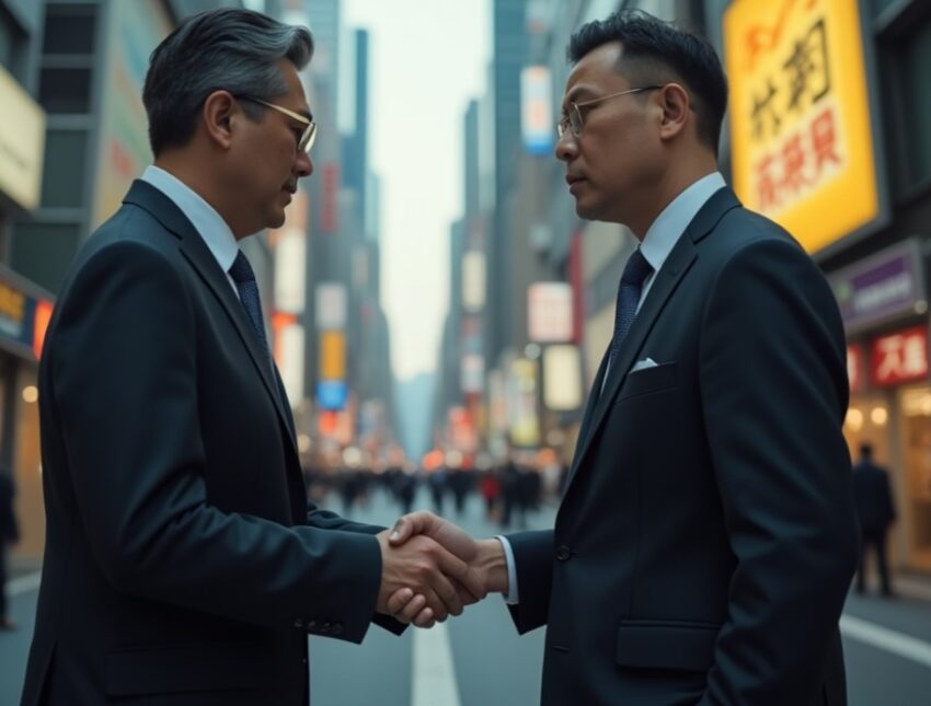 Businessmen shaking hands in a busy city street. - travel and tour world Businessmen shaking hands in a bustling urban environment.