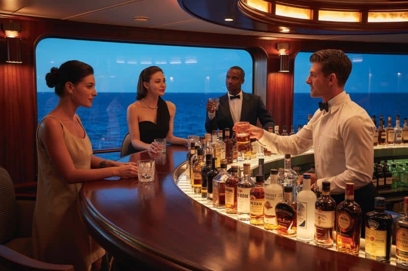 Luxury cruise bar with bartenders serving drinks at sea.
