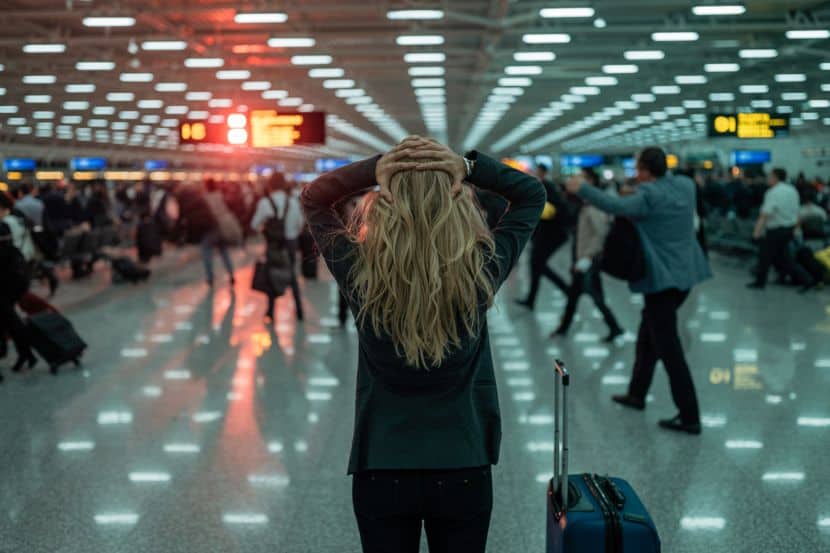 Busy airport terminal with travelers and flight information displays.