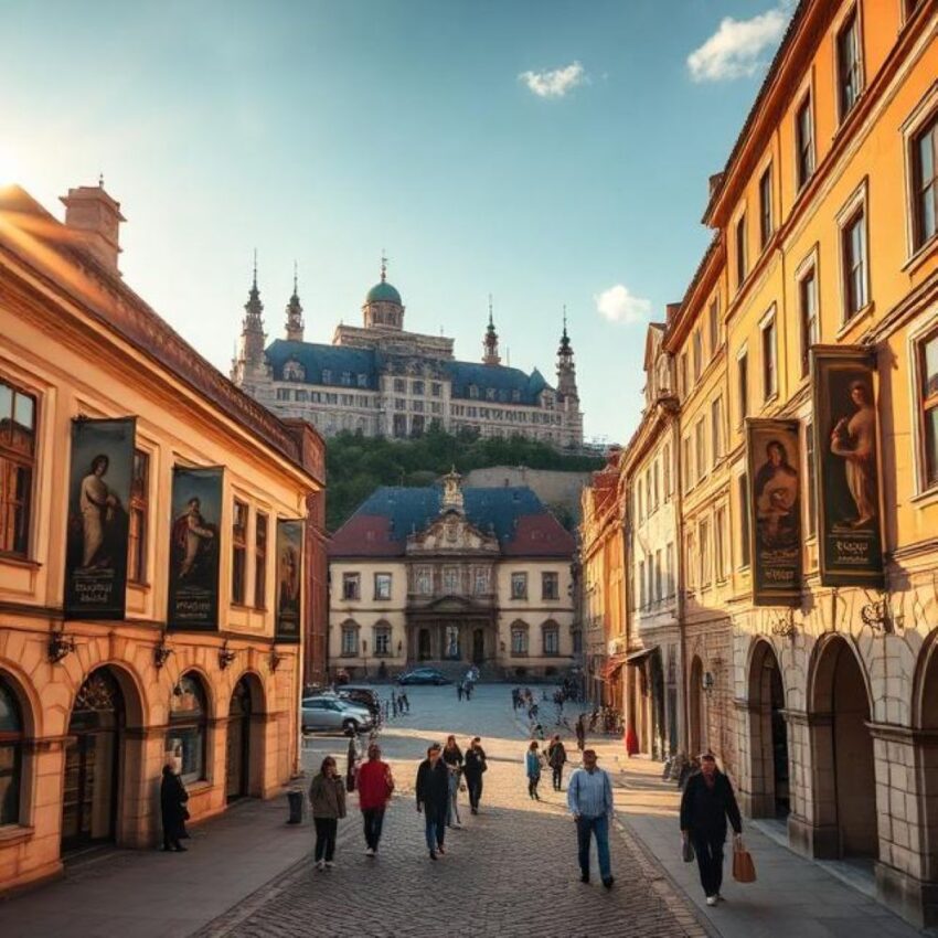 - travel and tour world Historic aschaffenburg street with art displays and castle view.