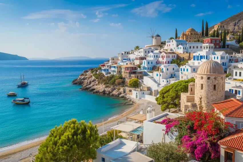 Beautiful coastal village in greece with white buildings and blue accents.