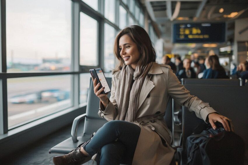 A woman using her phone at an airport terminal, waiting for her flight.