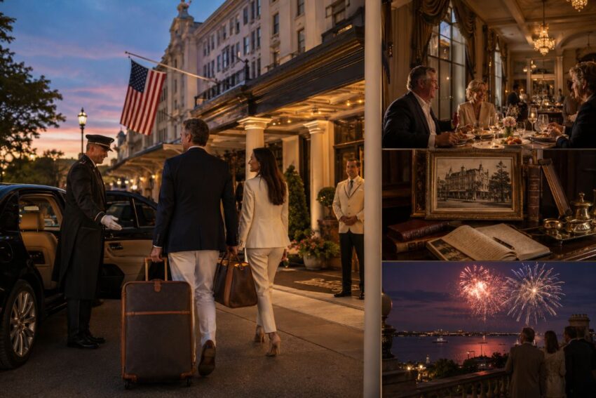 A hotel concierge assisting guests with luggage outside a luxury hotel at sunset.