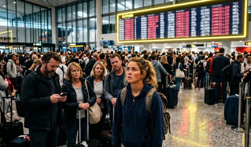 Busy airport terminal with travelers and flight information display.