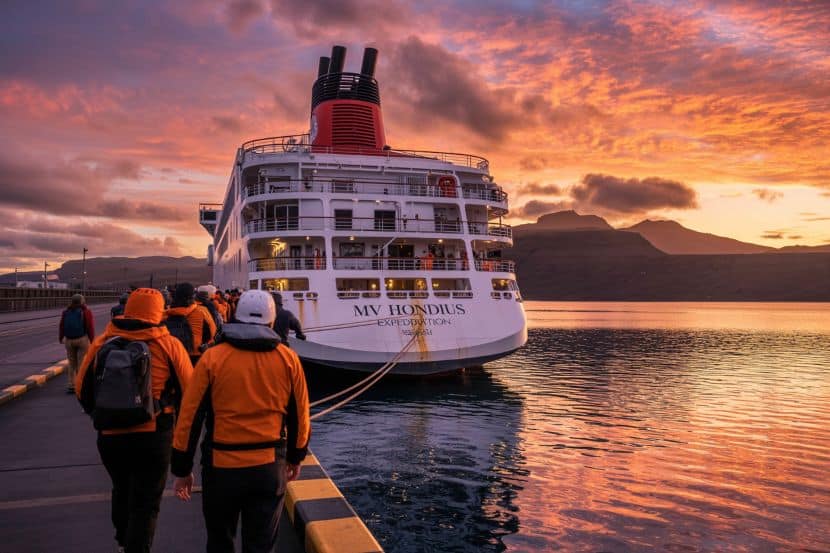 Passengers boarding cruise ship at sunset in spain.