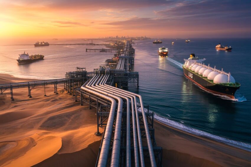 Oil refinery and tankers at sunset, showcasing industrial maritime transport and.