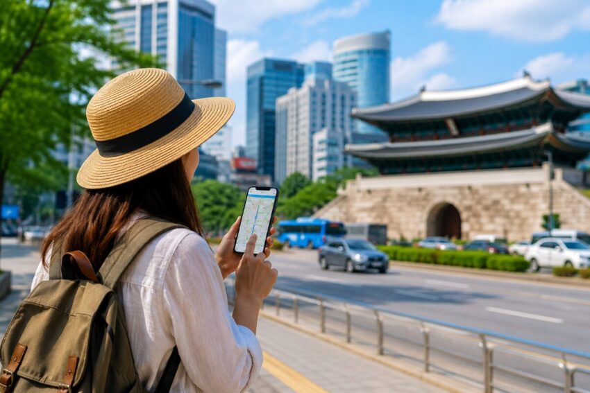 Foreign tourist using a smartphone map app on a bright south korean street with traditional architecture and modern buildings in the background.