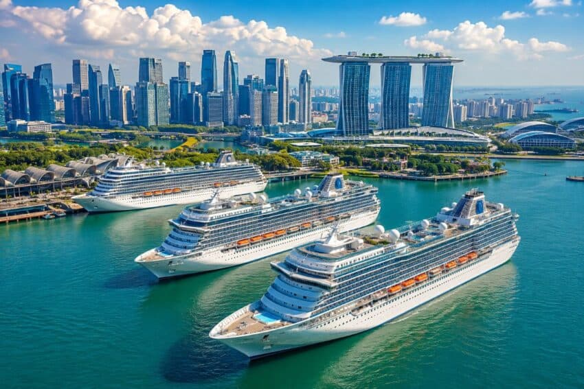 Luxury cruise ships docked at singapore marina bay with city skyline in backgrou.