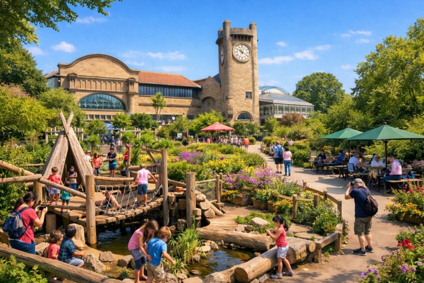 Scenic botanical garden featuring families and children enjoying outdoor activit.