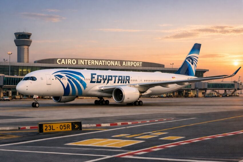 Egyptair plane at cairo international airport during sunset.