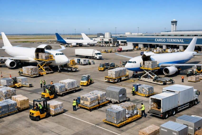 Cargo terminal at busy airport with airplanes and freight trucks.
