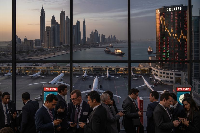 Dubai skyline and airport with travelers amid travel disruptions and economic tu.