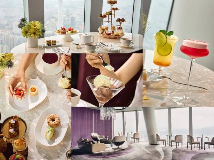 Four seasons hotel - travel and tour world Elegant high-rise dining with gourmet desserts and colorful cocktails.