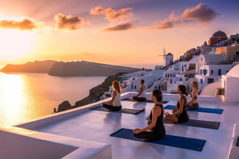 Relaxing yoga session overlooking santorini sunset in greece, scenic island well.
