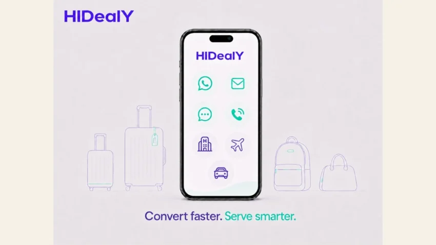 Travel and tour world: hidealy travel app interface on smartphone with luggage i.