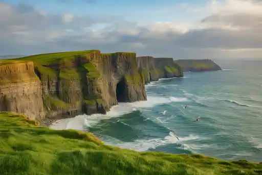 Ireland tourism - travel and tour world Cliffs along the irish coast with green grass and ocean waves.