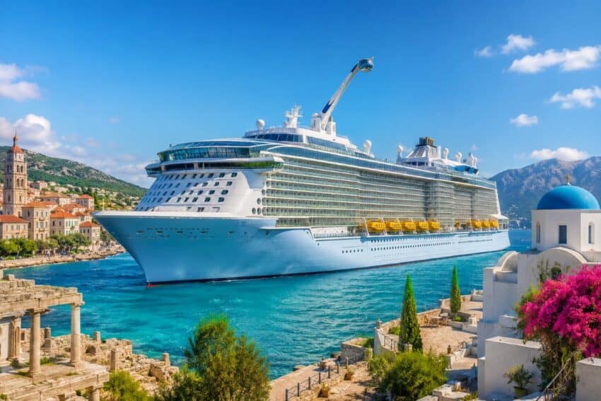 - travel and tour world Luxury cruise ship sailing near a scenic coastal town with mountains in the back.