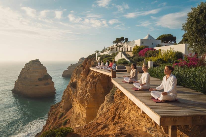 Relaxing yoga session on a scenic cliffside overlooking the ocean at sunset.