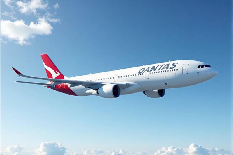 Qantas-5-2 - travel and tour world Qantas airplane flying in clear blue sky.