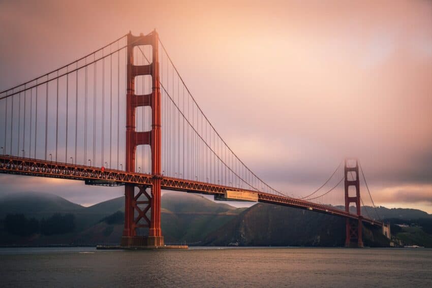 Golden gate bridge at sunset in san francisco, iconic travel destination and sce.