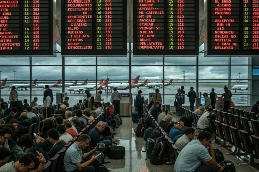 Travel disruptions at são paulo-guarulhos airport - travel and tour world Passengers waiting at são paulo-guarulhos airport during flight cancellations.