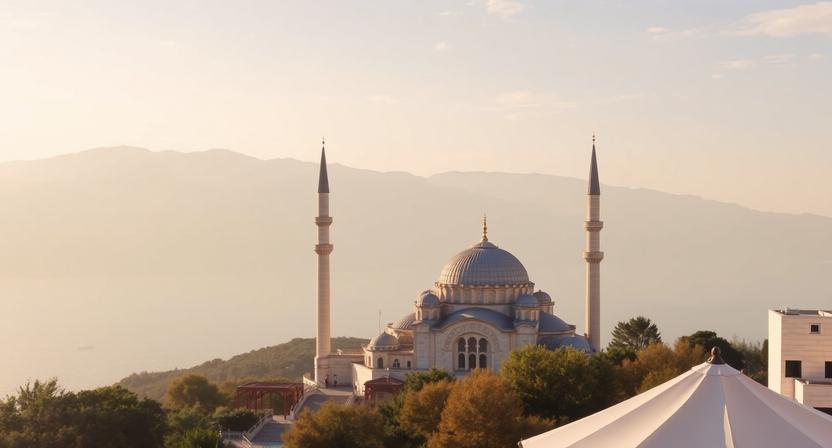 Turkey mosque with minarets at sunset - travel and tour world Scenic view of a mosque with minarets during sunset in turkey.