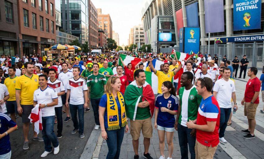 Crowds of international fans celebrating fifa world cup 2026 in city street.