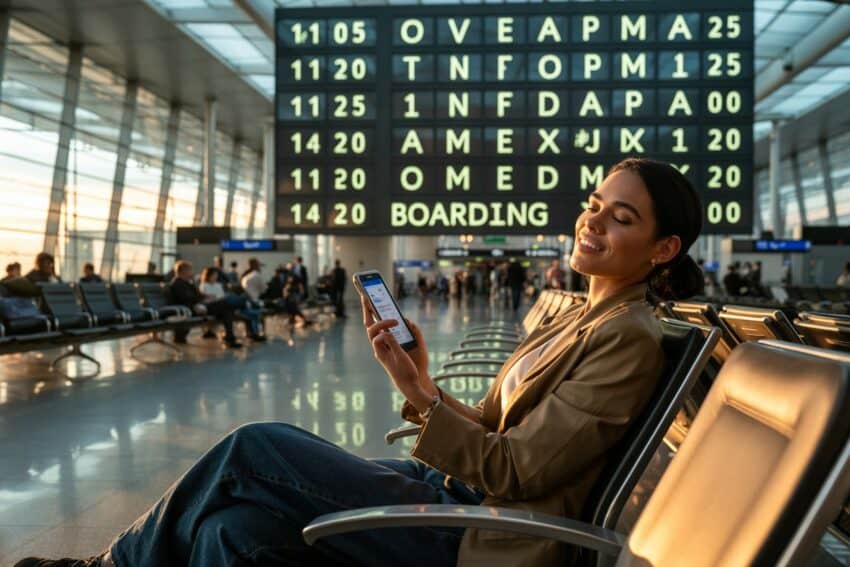 Travel and tour world - travel and tour world Woman using smartphone at airport terminal with flight info display.