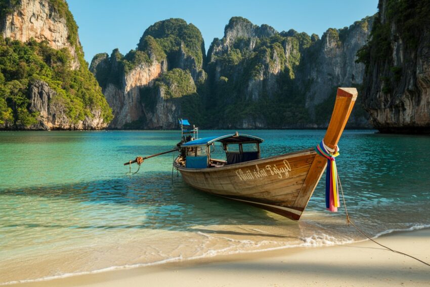 Tropical beach with longtail boat - travel and tour world Longtail boat anchored on a tropical beach in thailand.