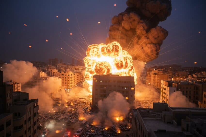 Jordan joins bahrain, qatar, azerbaijan, uae, saudi arabia, kuwait, oman, egypt, and other countries as the iran-israel-us conflict negatively reshapes middle east tourism habits and collapses travel demand across the region: new update you need to know - travel and tour world Explosion in an urban area with fire and smoke during nighttime.
