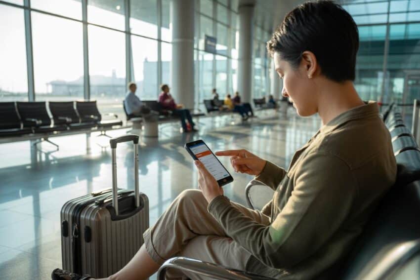 Thailand transforms travel: digital arrival card makes border processing almost instant for visitors - travel and tour world Woman using smartphone at airport with luggage and seating area.