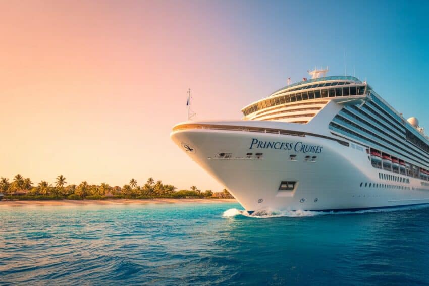 Luxury cruise ship sailing at sunset with tropical island in background.