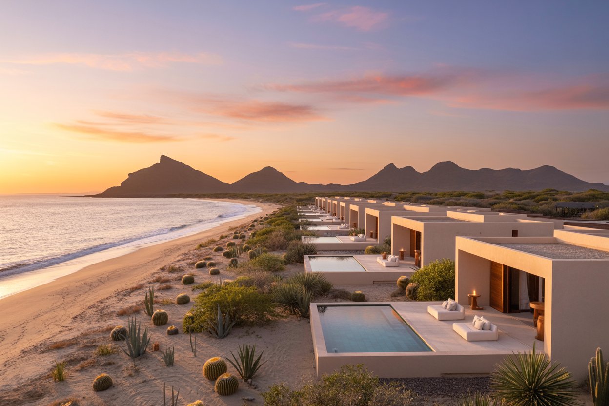 A cinematic, ultra-realistic luxury ranch resort set in Texas Hill Country with rolling green hills, limestone cliffs, and golden sunset lighting