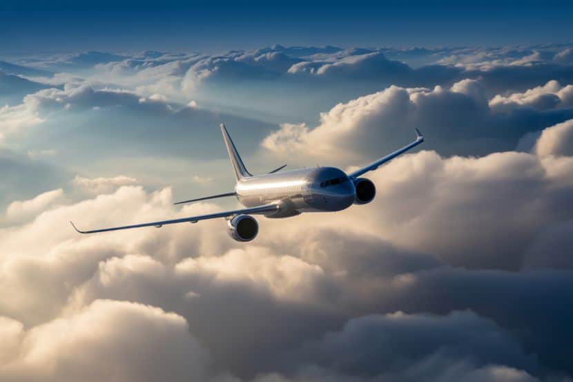 Airplane flying above clouds during flight.