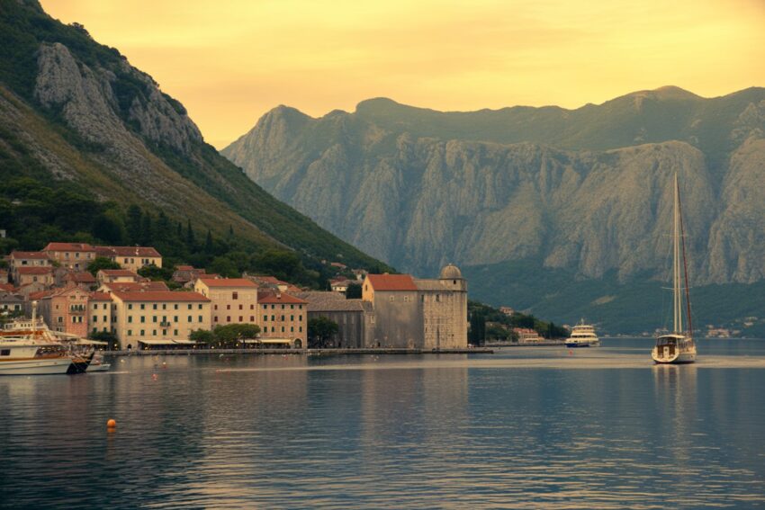 Scenic lakeside village with mountains and boats at sunset.