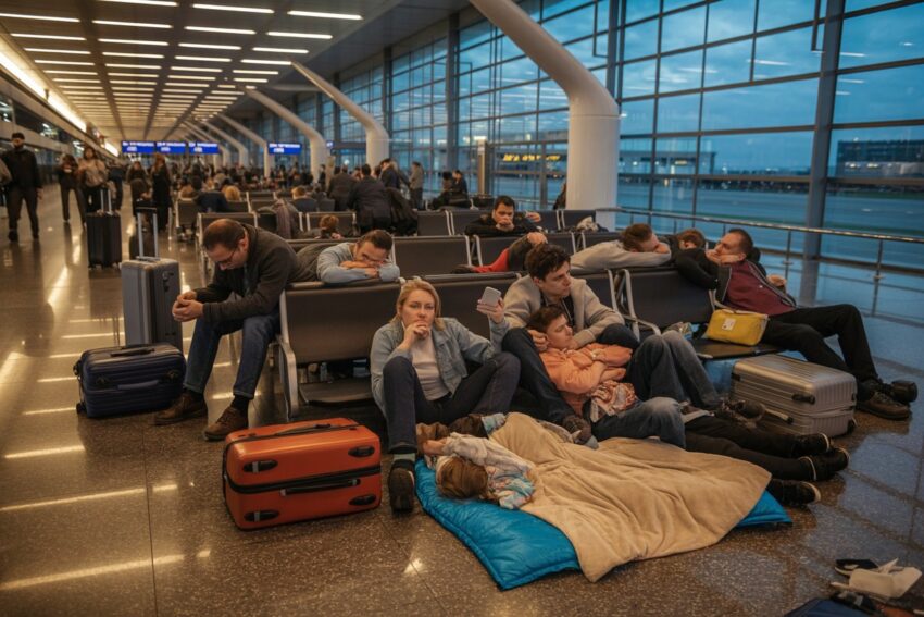 Passengers resting and waiting with luggage at airport terminal.