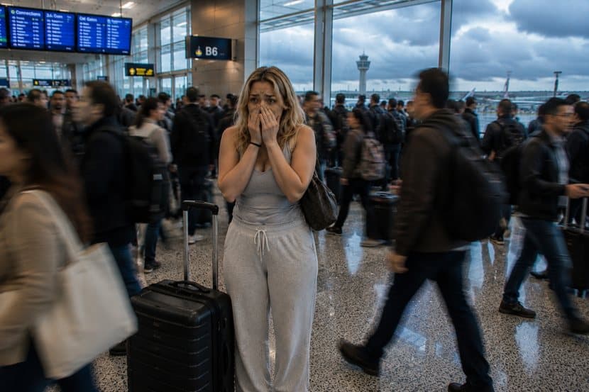 Crowded airport terminal with travelers and a worried woman.