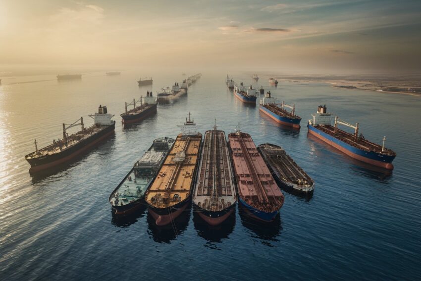 Oil tankers at sunset in a busy harbor, highlighting international trade and geo.