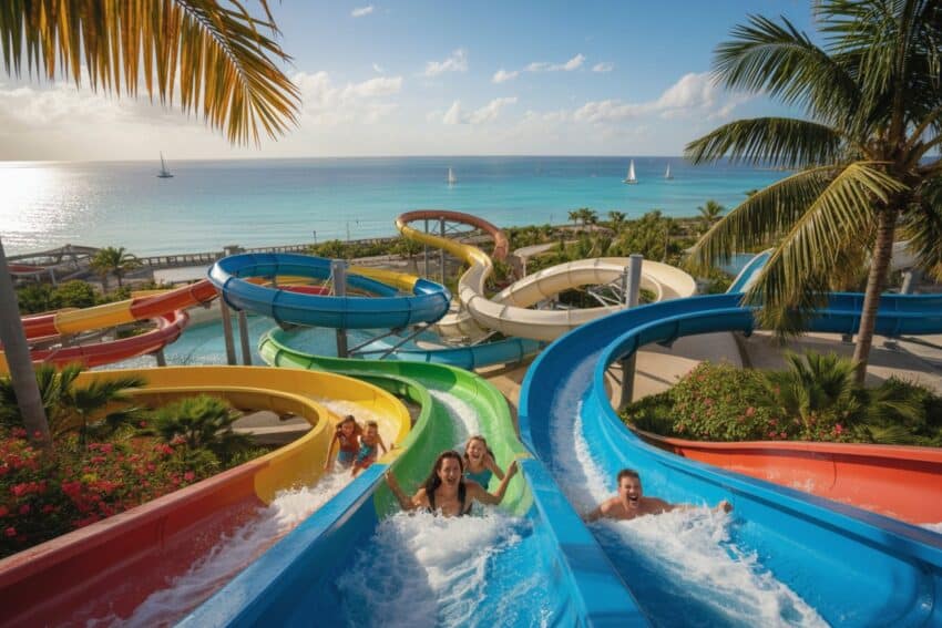 Waterpark slides and ocean view at tropical resort - travel and tour world Colorful water slides at tropical resort with ocean view and palm trees.