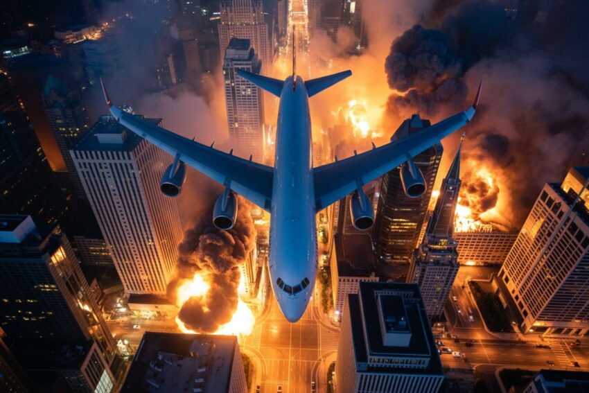 Airplane flying over burning cityscape during a disaster scene.