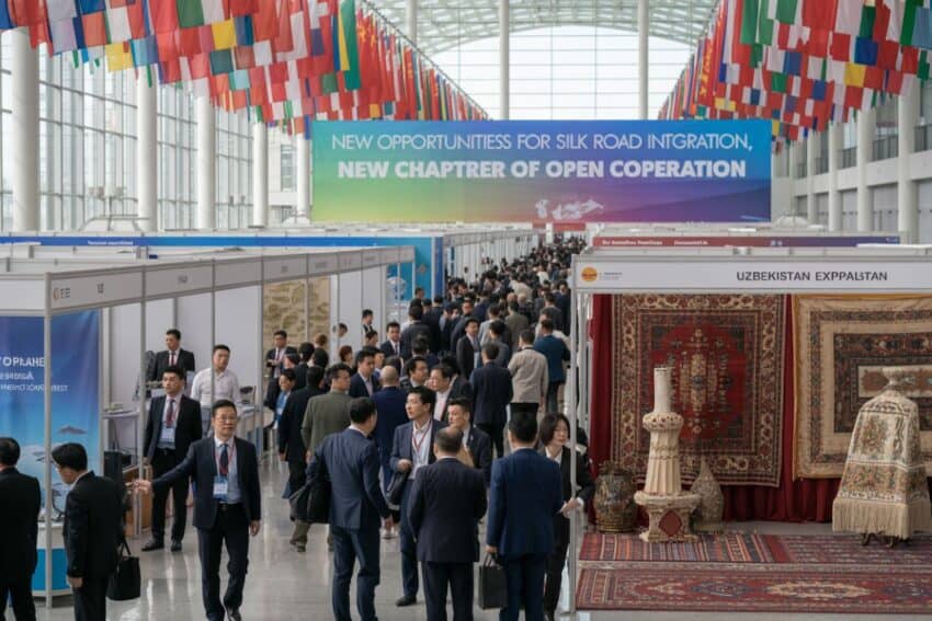 - travel and tour world A bustling trade exhibition with diverse booths and attendees at an internationa.