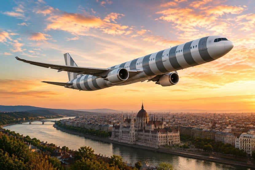 Condor airplane flying over budapest, barcelona, and venice at sunset.