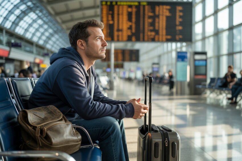 Man waiting at airport with luggage and flight info display.