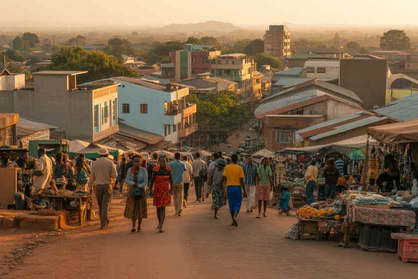 Bustling town market with locals shopping and socializing outdoors.